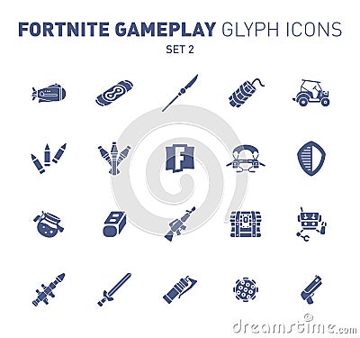 Popular epic game glyph icons. Vector illustration of military facilities. Airship, spear, grenade, vehicle and other Vector Illustration