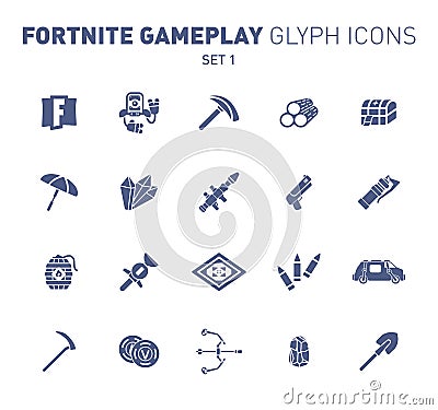 Popular epic game glyph icons. Vector illustration of military facilities. Robot, pickaxe, crystal, and weapons. Solid Vector Illustration