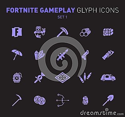 Popular epic game glyph icons. Vector illustration of military facilities. Robot, Slurp Juice, logs, aid kit, and Vector Illustration