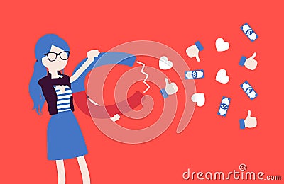 Popular female blogger attracting audience as magnet Vector Illustration