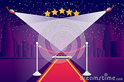 Popular film premiere cinema set vector illustration. Long white limousine near red carpet for famous ator, high movie Vector Illustration