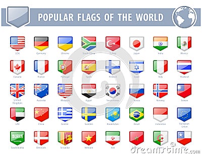 Popular flags of the world. Pentagon Glossy Icons. Cartoon Illustration