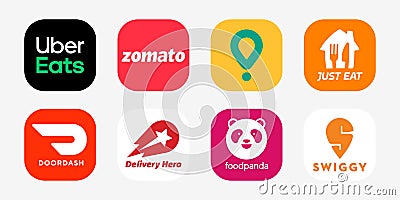 Popular food delivery service logos: Uber Eats, Zomato, Glovo, Just Eat, Doordash, Delivery Hero, Foodpanda, Swiggy. Vector logo Vector Illustration