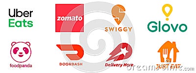 Popular food delivery service logos: Uber Eats, Zomato, Glovo, Just Eat, Doordash, Delivery Hero, Foodpanda, Swiggy. Vector logo Vector Illustration