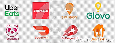 Popular food delivery service logos: Uber Eats, Zomato, Glovo, Just Eat, Doordash, Delivery Hero, Foodpanda, Swiggy. Vector logo Vector Illustration