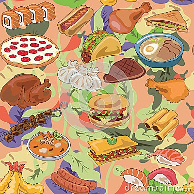 Popular food of different countries pattern Vector Illustration