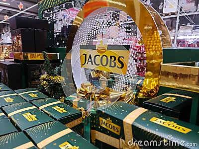 Popular German Jacobs coffee on shelf for sale at Auchan Shopping Centre on December 25, 2019 in Russia, Kazan, Hussein Yamasheva Editorial Stock Photo
