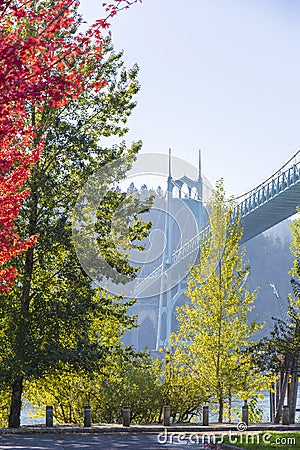 Popular gothic arched St Johns bridge in portland surrounded by Stock Photo