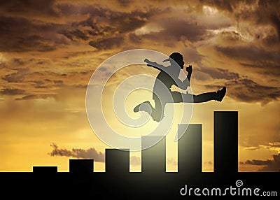 Popular guy running and jumping above a chart bar on the beech at sunset time. careen success and personal Improvement Stock Photo