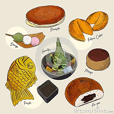 Popular kind of sweets Japanese set. hand draw sketch vector Vector Illustration