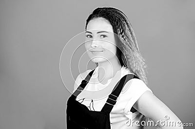 Popular look. Woman smiling face posing with stylish hairstyle on violet background. Hair crimping method styling hair Stock Photo