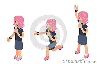 Popular modern girl singer female performer woman soloist isometric 3d icon sing song microphone hard rock heavy folk Vector Illustration