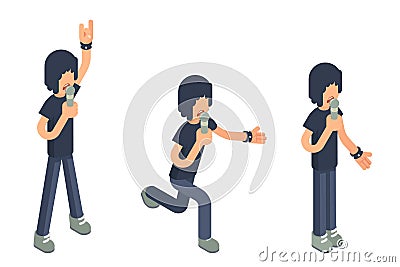 Popular modern singer performer soloist isometric 3d icon sing song microphone hard rock heavy folk pop music flat Vector Illustration