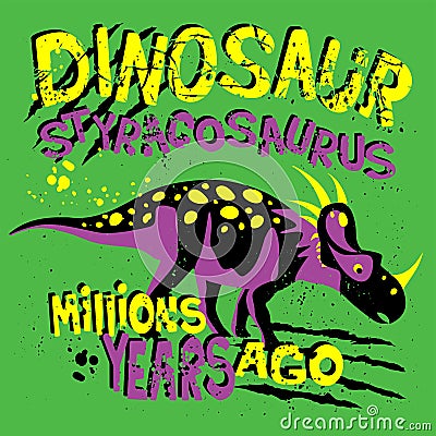 Popular modern style print with dino on a green background for t shirts, paper, textiles and fabric. Background with dinosaur for Stock Photo