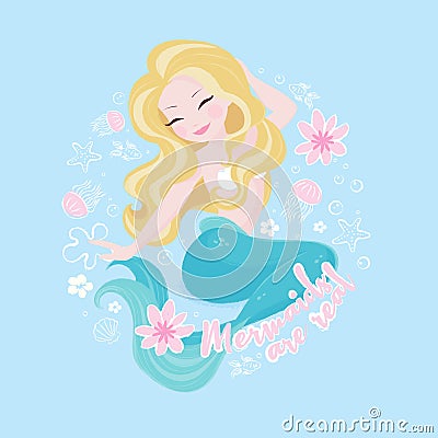 Popular pastel mermaid set. Happy and beautiful mermaid. Cartoon mermaid print for t shirts or kids fashion artworks, children Vector Illustration