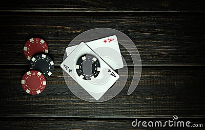 Popular poker game. Playing cards with a winning combination of two aces on a dark vintage table. Luck in playing cards depends on Stock Photo