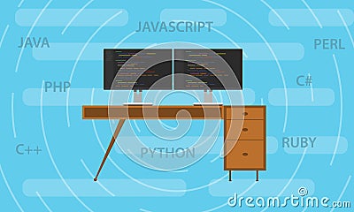 Popular programming languange in 2018 with screen code script and working desk Vector Illustration