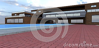 A popular red brick as paving stone on a luxury private estate with a swimming pool surrounded by a concrete walkway. 3d rendering Stock Photo