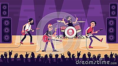 Popular rock band performs a song on stage Vector Illustration