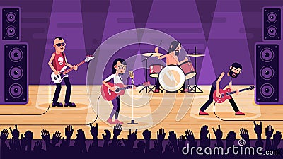 Popular rock band with woman singer performs song on stage Vector Illustration