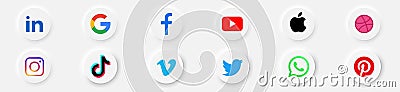 Popular social media icons: in, instagram, facebook, google, youtube, apple, dribbble, tiktok. Vector set of social networking Vector Illustration