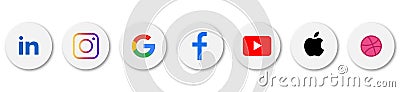 Popular social media icons: in, instagram, facebook, google, youtube, apple, dribbble. Vector set of social networking icons on Vector Illustration