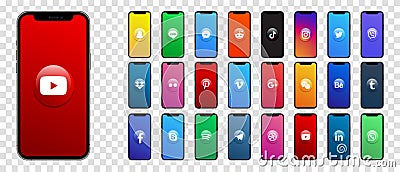 Popular social media Icons Set On Iphone Screen Vector Illustration