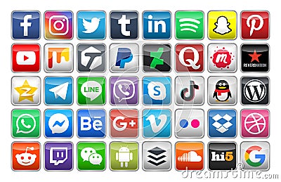 40 popular social media buttons with square background. Vector illustration Vector Illustration