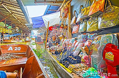 Popular souvenirs in Damnoen Saduak floating market, Thailand Editorial Stock Photo