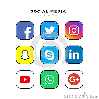 Popular square social media : Facebook, Twitter, Instagram, Snapchat, LinkedIn, Skype, Google , WhatsApp, Yo Vector Illustration