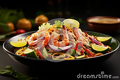 Popular thai seafood salad on black plate with selective focus, isolated pastel background Stock Photo