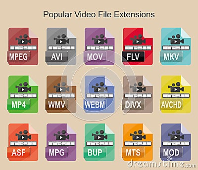 Popular video file extensions, Flat colored vector icons for Web, Mobile and ext Vector Illustration
