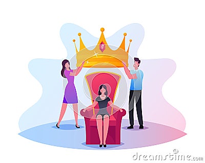 Popularity, Fame Concept. Tiny Male and Female Characters Put Huge Royal Crown on Woman Head Sitting on Throne, Cult Vector Illustration