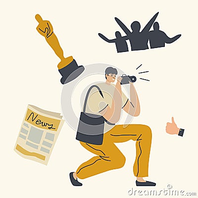 Popularity, Fame and Scandal Concept. Photographer Shooting on Cinema Award Ceremony or Festival. Paparazzi Character Vector Illustration