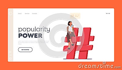 Popularity Power Landing Page Template. Tiny Woman With Smartphone Sitting On Huge Red Hashtag Sign, Vector Illustration Vector Illustration