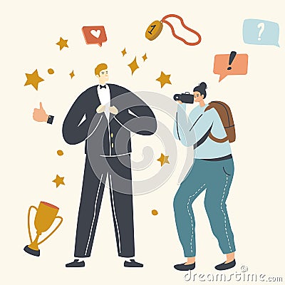 Popularity, Super Star Lifestyle. Male Character Vip Person Posing to Paparazzi Attacking him. Famous Actor or Celebrity Vector Illustration