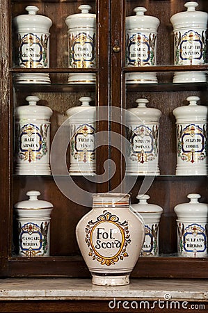 Porcelain bottles in Taquechel Pharmacy , Havana, Cuba Stock Photo