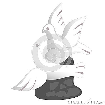 Porcelain doves souvenir toy in a flat design. Symbol of peace and love two birds flying with spread wings. Flying pigeons small g Stock Photo