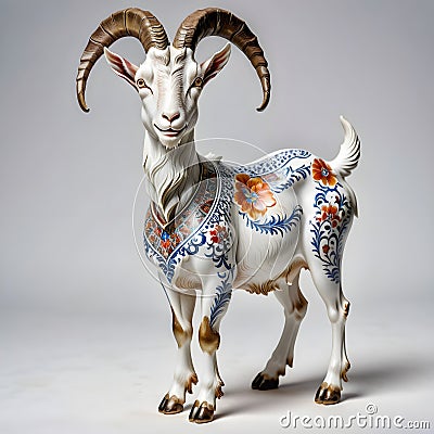 Porcelain figurines goat. Sculptures made of porcelain and earthenware. Miniature figurines made of ceramics Stock Photo