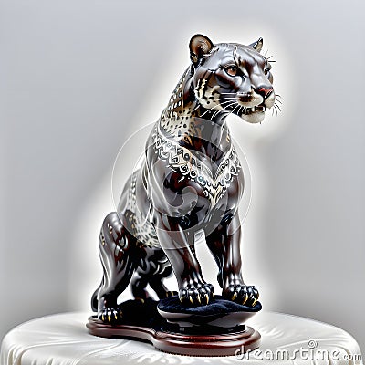 Porcelain figurines cougar, leopard, panther. Sculptures made of porcelain and earthenware. Miniature figurines made of ceramics Stock Photo