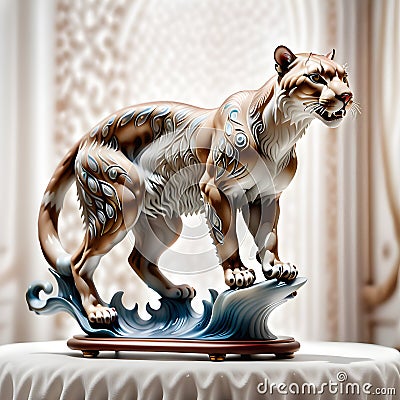 Porcelain figurines cougar, leopard, panther. Sculptures made of porcelain and earthenware. Miniature figurines made of ceramics Stock Photo