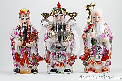 Porcelain of Hock Lok Siew or Fu Lu Shou, three gods of Chinese, isolated on white background Stock Photo