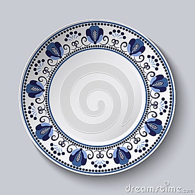 Porcelain plate with a blue decorative border in the style of national flower painting. Ornate floral decor. Realistic 3D decor Vector Illustration