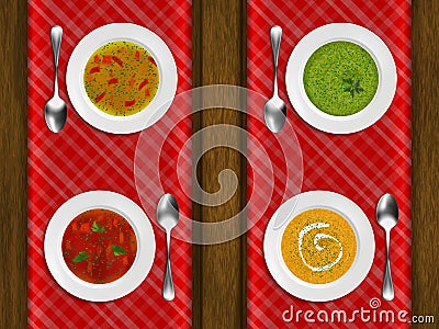 Porcelain plates with different soups on a tablecloth Vector Illustration