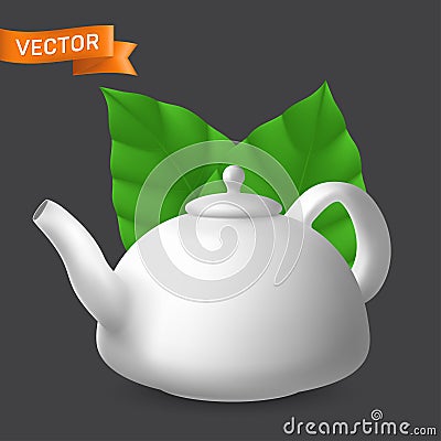 Porcelain teapot side view with mint leaves. Vector realistic illustration of ceramic kettle with lid. Modern tableware crockery Vector Illustration