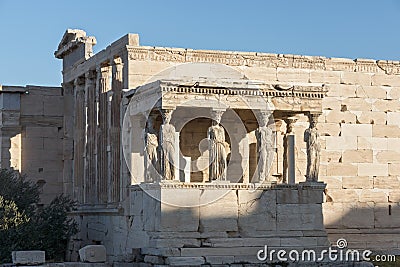 The Porch of the Caryatids in The Erechtheion an ancient Greek temple on the north side of the Acropolis of Athens, Greece Stock Photo