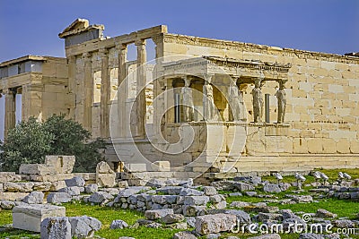 Porch Caryatids Ruins Temple Erechtheion Acropolis Athens Greece Stock Photo