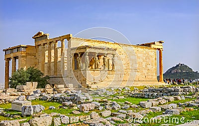 Porch Caryatids Ruins Temple Erechtheion Acropolis Athens Greece Stock Photo