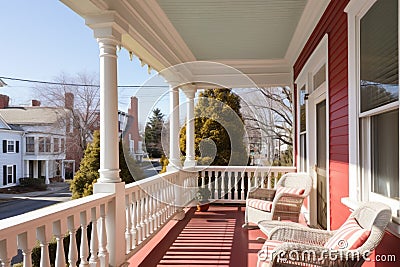 porch of colonial revival house with visible dormer windows Stock Photo