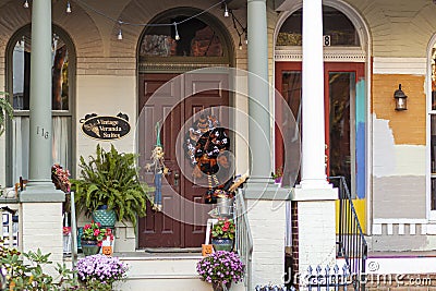 Porch and front door of a vintage house Editorial Stock Photo